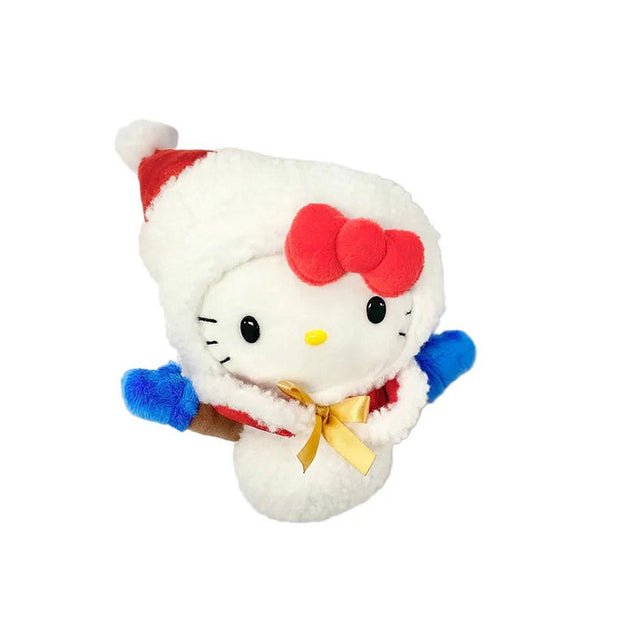 Hello Kitty Plush toy in a snow man costume with a red hat and cape with gold ribbon on a white background. She's perfect for Christmas decoration, displaying, bag decoration or gifting Christmas to Sanrio fans of all ages.