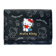 An officially licensed collection of Sanrio character mini wallet in black featuring Hello Kitty with gold-lettered name