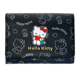 An officially licensed collection of Sanrio character mini wallet in black featuring Hello Kitty with gold-lettered name