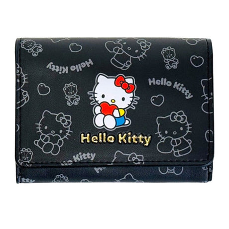 An officially licensed collection of Sanrio character mini wallet in black featuring Hello Kitty with gold-lettered name
