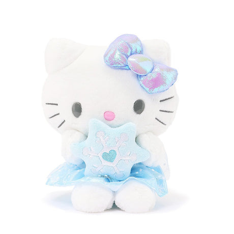 Sanrio Hello Kitty Snow Angel 7-inch plush with iridescent bow, holding a blue snowflake, perfect for kawaii winter decor.