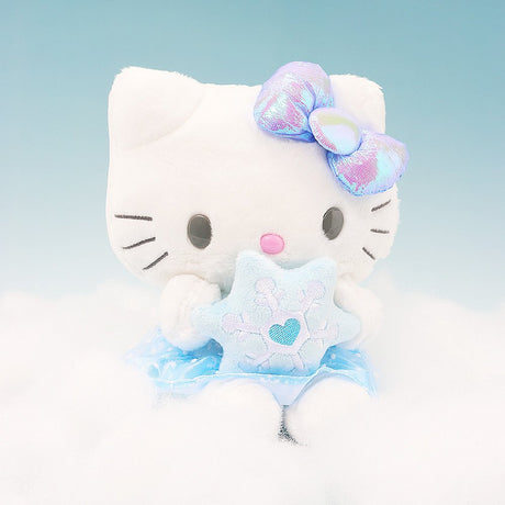 Sanrio Official license Hello Kitty Snow Angel 7-inch plush with iridescent bow, holding a blue snowflake, perfect for kawaii winter decor.