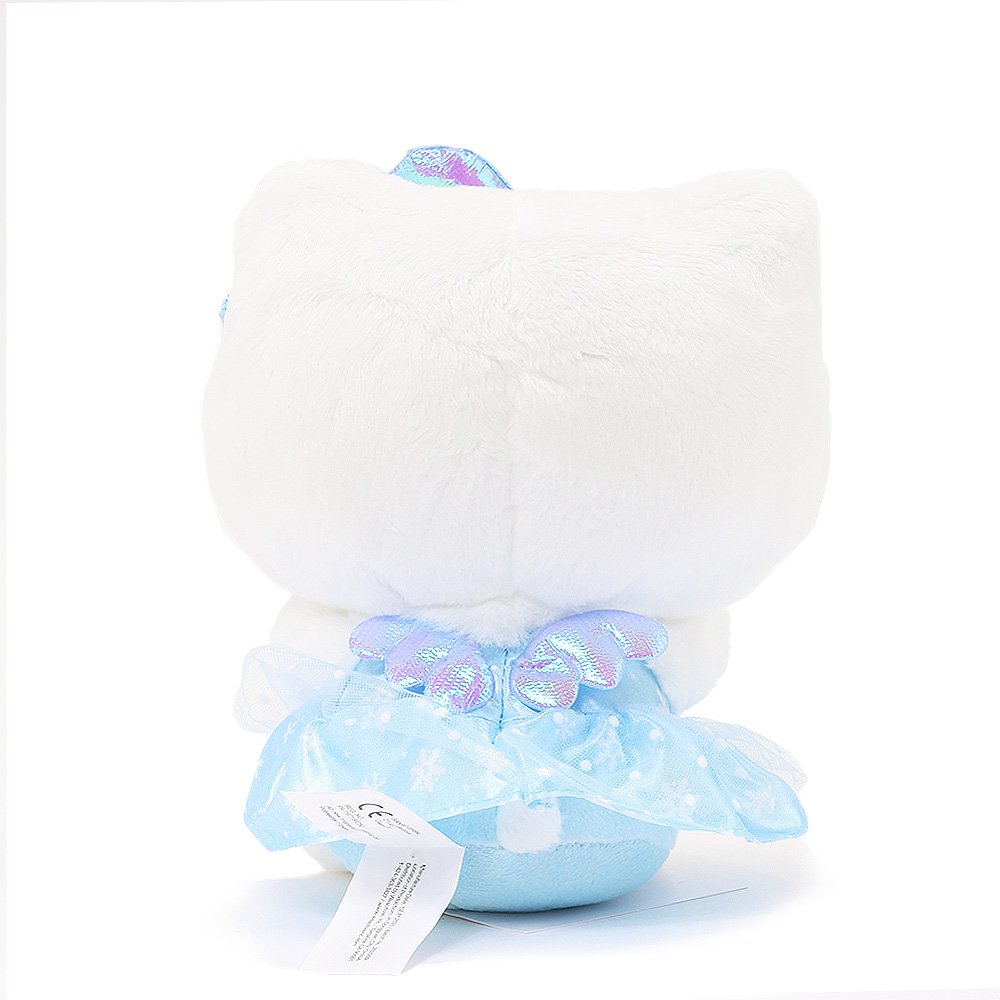 Hello Kitty Snow Angel plush in a blue snowflake print dress with an iridescent bow, and wings
