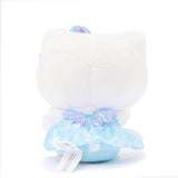 Hello Kitty Snow Angel plush in a blue snowflake print dress with an iridescent bow, and wings