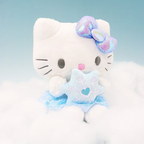 Magical Hello Kitty Snow Angel plush sitting on soft clouds against a light blue background, creating a serene winter scene