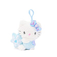Sanrio Hello Kitty Snow Angel mascot backpack keychain plush with iridescent bow, holding a blue snow flake. makes a great gift for Sanrio fans, plush collectors, Thanksgiving, or Christmas!