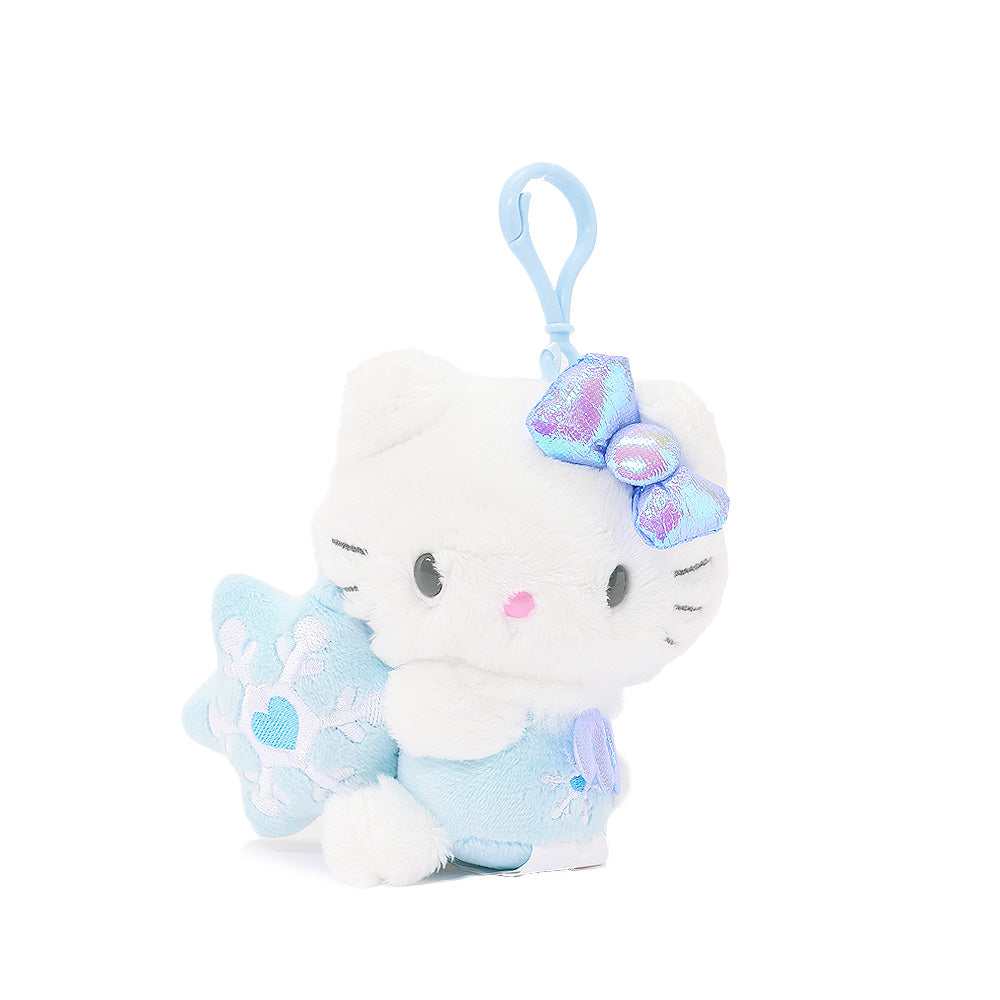 Sanrio Hello Kitty Snow Angel mascot backpack keychain plush with iridescent bow, holding a blue snow flake. makes a great gift for Sanrio fans, plush collectors, Thanksgiving, or Christmas!