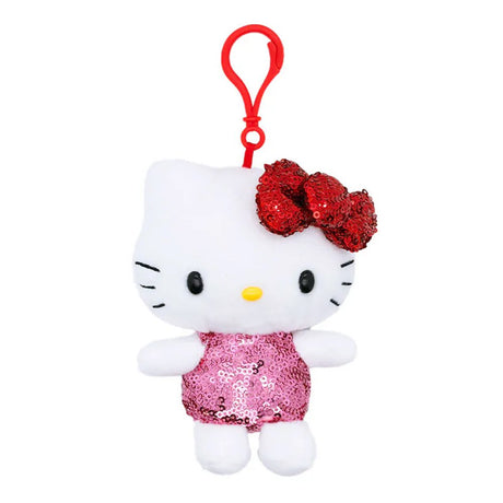 Officially licensed Hello Kitty Spangle Edition plush keychain featuring Hello Kitty plush with a red sequined bow and a pink sequined outfit on a red clip