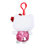 Officially licensed Hello Kitty Spangle Edition plush keychain featuring Hello Kitty plush with a red sequined bow and a pink sequined outfit on a red clip