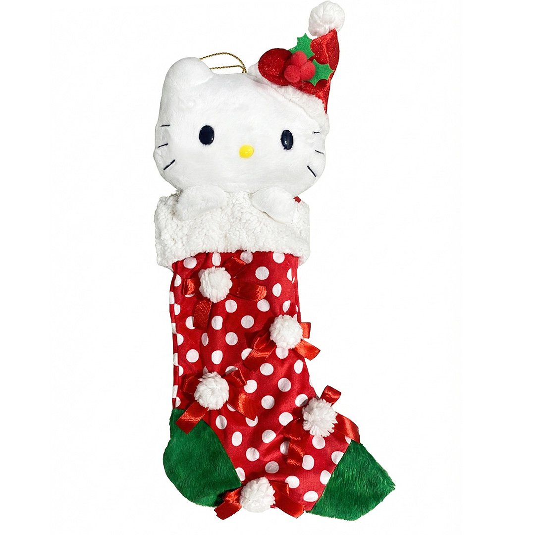 Sanrio Hello Kitty Christmas Stocking Plush! This oversized, fully functional stocking features a festive design topped with a Hello Kitty plush, making it the perfect piece for Santa to fill with gifts.