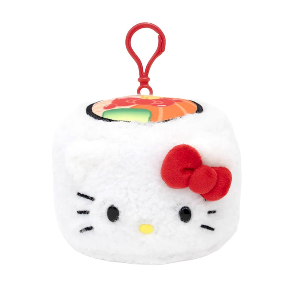 An officially licensed Sanrio Hello Kitty sushi plush keychain shaped like a round sushi roll with white sherpa fabric. The top features a printed sushi filling design, and the side includes Hello Kitty's face and a 3D red bow with a red plastic clip attached.