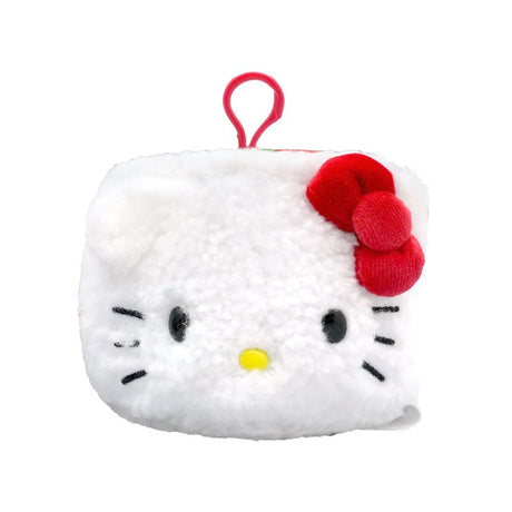 An officially licensed Sanrio Hello Kitty sushi plush keychain shaped like a round sushi roll with white sherpa fabric. The top features a printed sushi filling design, and the side includes Hello Kitty's face and a 3D red bow with a red plastic clip attached.