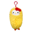 An officially licensed Sanrio plush keychain featuring Hello Kitty dressed as a piece of tempura shrimp with a fuzzy yellow body and orange tails. The plush includes her iconic red bow and a matching red plastic attachment clip.