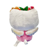 This exclusive Hello Kitty x Tokidoki collaboration is perfect for the holiday season. Her oversized head opens to reveal a collection of mini plush toys including a snowman with red and green buttons, a white polar bear in a red Santa hat, a festive gingerbread man with icing details, green holly leaves with red berries and candy cane. Hello Kitty herself features the signature Tokidoki heart and crossbones skull bow accent in her iconic red bow, along with soft pink cheeks and iridescent holographic wings