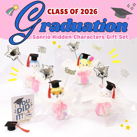 An officially licensed Class of 2026 Sanrio graduation gift set featuring six popular plush characters, Usahana, Corocorokuririn, Wish Me Mell, and Dinguri Days Mashu wearing black graduation caps. The characters are arranged like a bouquet with silver star balloons and "Congrats Grad" decorations.