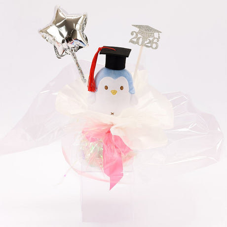 An officially licensed Class of 2026 Sanrio graduation gift set featuring six popular plush characters, Usahana, Corocorokuririn, Wish Me Mell, and Dinguri Days Mashu wearing black graduation caps. The characters are arranged like a bouquet with silver star balloons and "Congrats Grad" decorations.