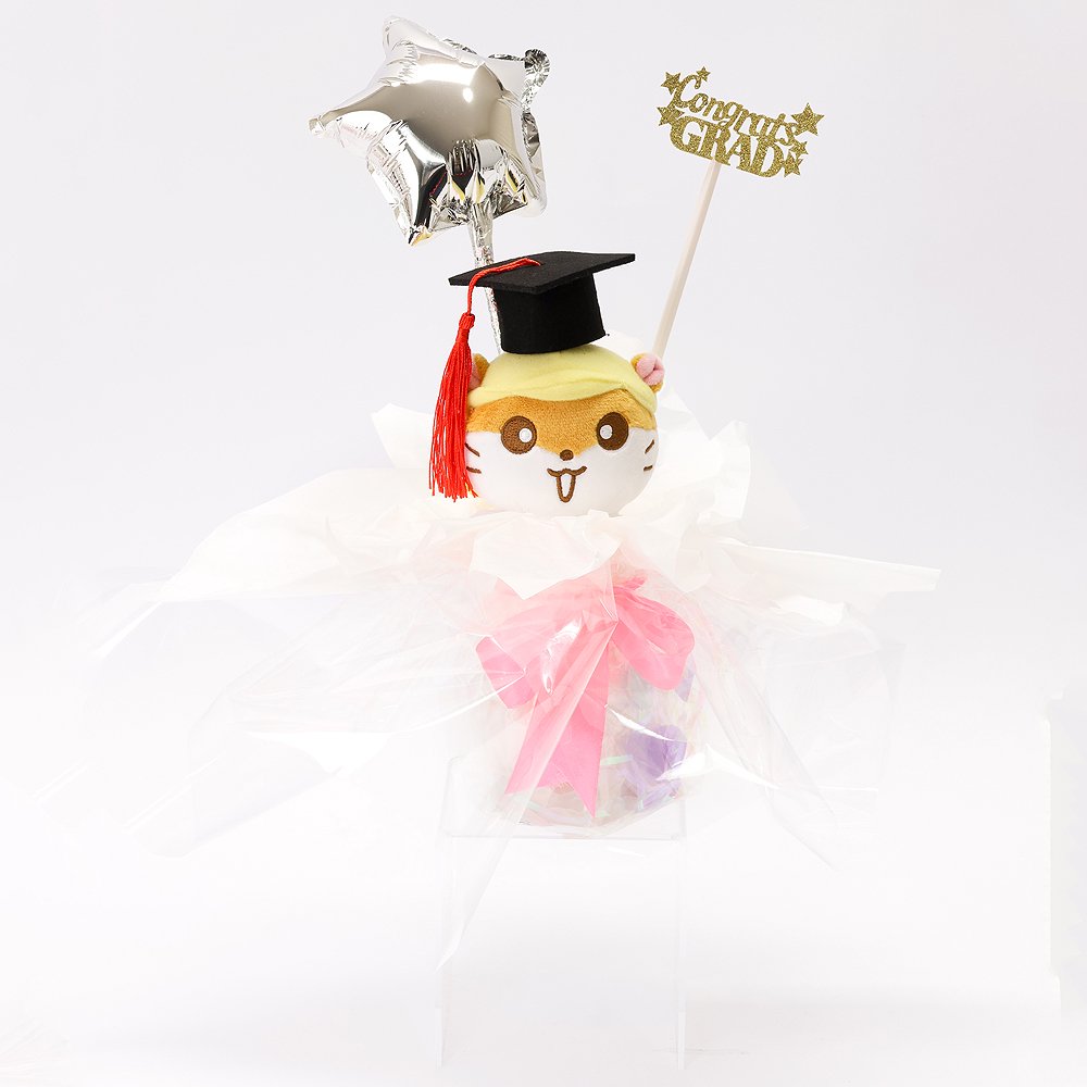 An officially licensed Class of 2026 Sanrio graduation gift set featuring six popular plush characters, Usahana, Corocorokuririn, Wish Me Mell, and Dinguri Days Mashu wearing black graduation caps. The characters are arranged like a bouquet with silver star balloons and "Congrats Grad" decorations.
