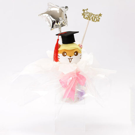 An officially licensed Class of 2026 Sanrio graduation gift set featuring six popular plush characters, Usahana, Corocorokuririn, Wish Me Mell, and Dinguri Days Mashu wearing black graduation caps. The characters are arranged like a bouquet with silver star balloons and "Congrats Grad" decorations.