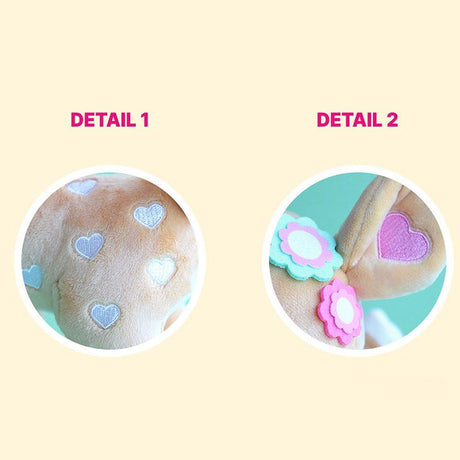 Sanrio Hummingmint plush details of embroidered on skin with heart and flower on ears designs.