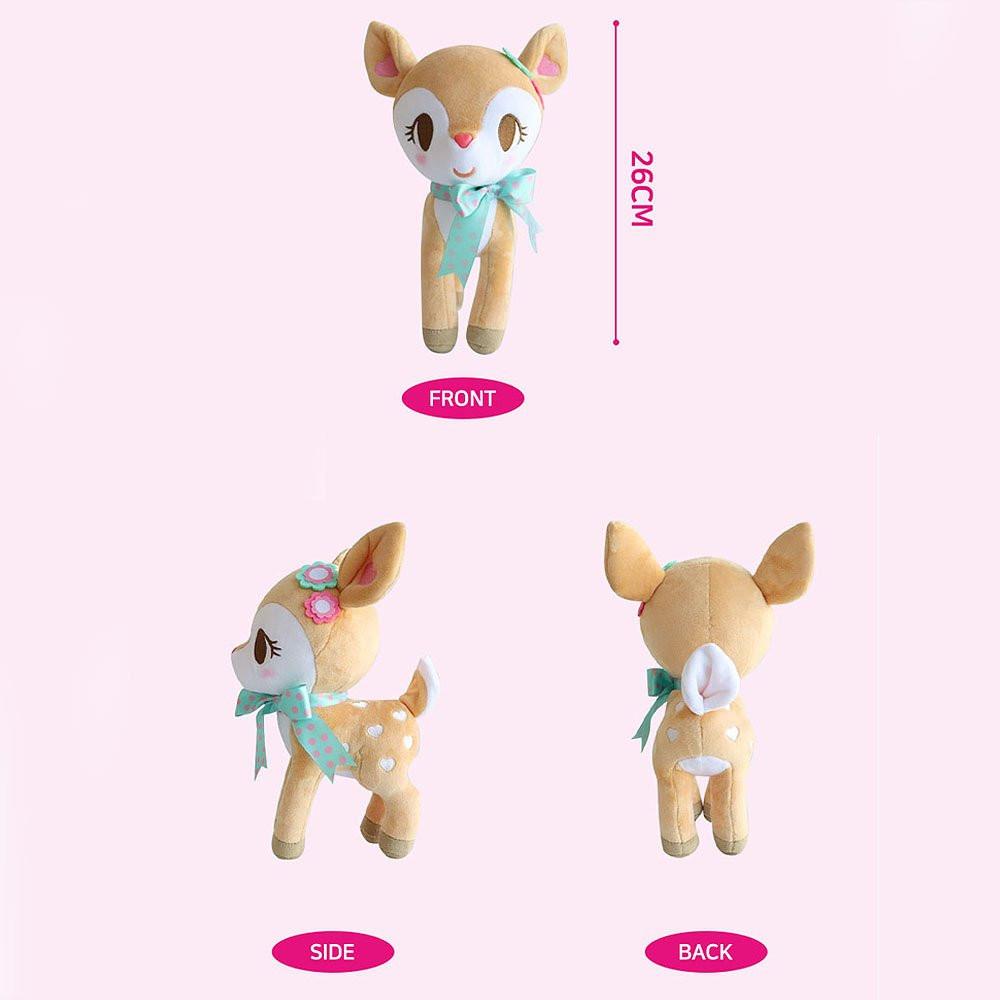 Sanrio plush Hummingmint  toy shown from front, side, and back with measurements on a pink background