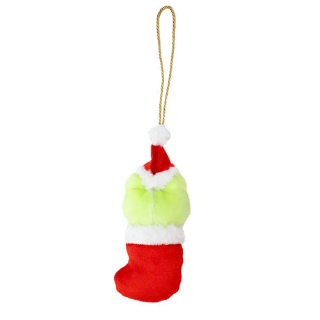 Sanrio Keroppi is dressed for the season wearing a red Santa hat with a white pom-pom while sporting his signature red bow. He sits snugly in a red Christmas stocking adorned with green holly leaves and a decorative ribbon. Crafted from soft plush material, this ornament has a cozy, huggable feel. The attached gold cord loop makes it easy to hang on your Christmas tree.