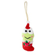 Sanrio Keroppi is dressed for the season wearing a red Santa hat with a white pom-pom while sporting his signature red bow. He sits snugly in a red Christmas stocking adorned with green holly leaves and a decorative ribbon. Crafted from soft plush material, this ornament has a cozy, huggable feel. The attached gold cord loop makes it easy to hang on your Christmas tree.