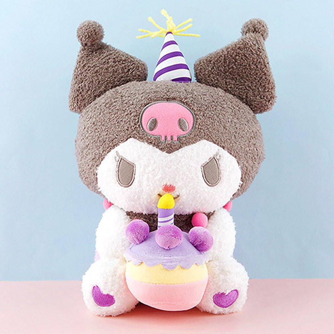 Officially licensed Sanrio Kuromi plush, wearing a charming party hat topped with a bright yellow tassel, and holding a cake for celebrating a special day