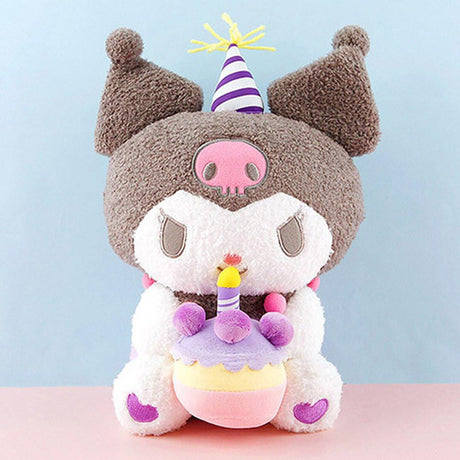 Officially licensed Sanrio Kuromi plush, wearing a charming party hat topped with a bright yellow tassel, and holding a cake for celebrating a special day