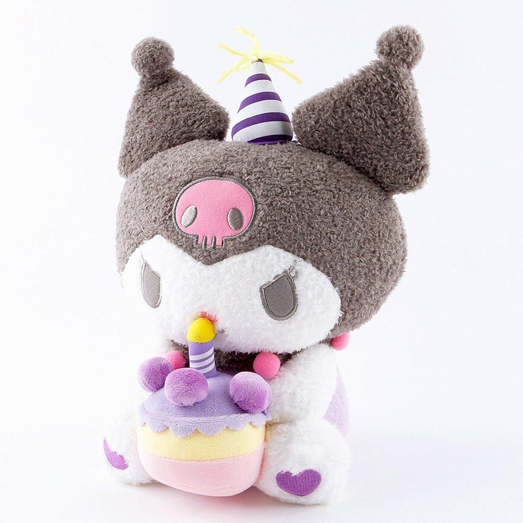 Officially licensed Sanrio Kuromi plush, wearing a charming party hat topped with a bright yellow tassel, and holding a cake for celebrating a special day