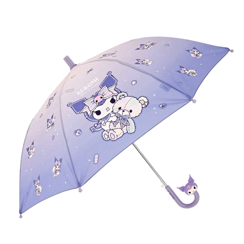 Purple Sanrio Kuromi kids' umbrella featuring a purple gradient canopy with one clear see-through safety panel, finished with a 3D Kuromi J-handle.
Perfect for rainy day