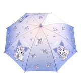 Purple Sanrio Kuromi kids' umbrella featuring a purple gradient canopy with one clear see-through safety panel, finished with a 3D Kuromi J-handle.