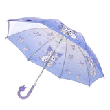 Purple Sanrio Kuromi kids' umbrella featuring a purple gradient canopy with one clear see-through safety panel, finished with a 3D Kuromi J-handle.