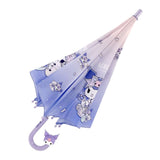 Purple Sanrio Kuromi kids' umbrella featuring a purple gradient canopy with one clear see-through safety panel, finished with a 3D Kuromi J-handle.