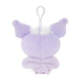 An officially licensed Sanrio Kuromi plush keychain featuring Kuromi in a lavender ballerina tutu and polka-dot bodice. The plush includes her signature pink skull icon, white angel wings, and a white plastic clip for easy attachment.
