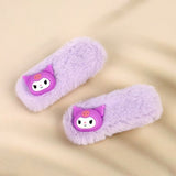 A pair of pastel purple faux fur hair clips featuring 3D Sanrio Kuromi character charms with her signature pink skull on the forehead.