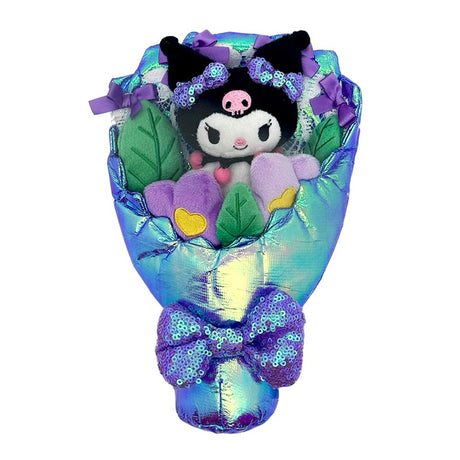 An officially licensed Sanrio Kuromi plush bouquet featuring the character nestled among purple flowers, wrapped in shimmering iridescent blue fabric. The bouquet is accented with purple satin ribbons and a large, sparkling purple sequin bow at the base.