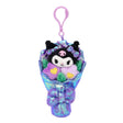 An officially licensed Sanrio Kuromi plush bouquet keychain featuring the character nestled among purple flowers, wrapped in shimmering iridescent blue fabric. The bouquet is accented with purple satin ribbons and a large, sparkling purple sequin bow at the base.