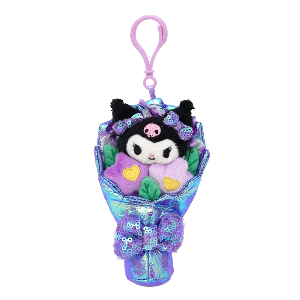 An officially licensed Sanrio Kuromi plush bouquet keychain featuring the character nestled among purple flowers, wrapped in shimmering iridescent blue fabric. The bouquet is accented with purple satin ribbons and a large, sparkling purple sequin bow at the base.