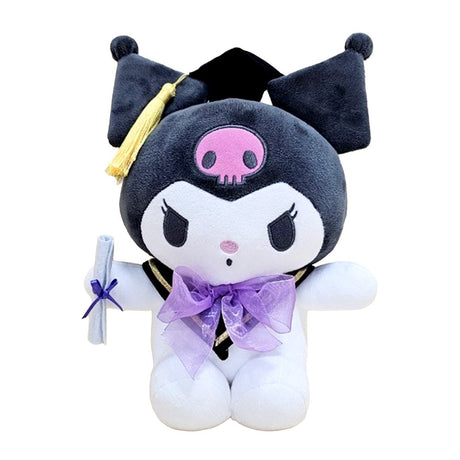 An officially licensed Sanrio 10-inch Kuromi graduation plush sitting upright, wearing a black graduation cap with a yellow tassel and a purple bow around the neck while holding a white diploma
