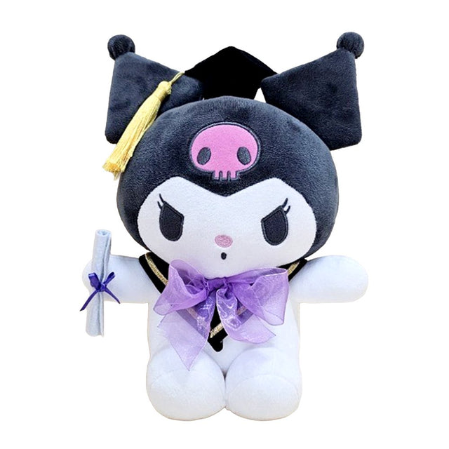 An officially licensed Sanrio 10-inch Kuromi graduation plush sitting upright, wearing a black graduation cap with a yellow tassel and a purple bow around the neck while holding a white diploma
