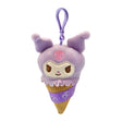 An officially licensed Sanrio Kuromi plush keychain shaped like an ice cream cone with a purple scoop and a textured brown waffle cone. The plush has a matching purple plastic clip attached to the top.