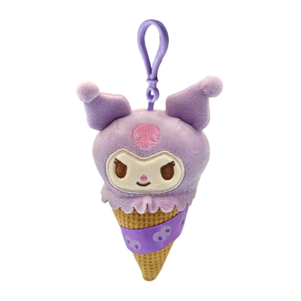 An officially licensed Sanrio Kuromi plush keychain shaped like an ice cream cone with a purple scoop and a textured brown waffle cone. The plush has a matching purple plastic clip attached to the top.
