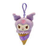 An officially licensed Sanrio Kuromi plush keychain shaped like an ice cream cone with a purple scoop and a textured brown waffle cone. The plush has a matching purple plastic clip attached to the top.
