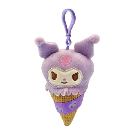 An officially licensed Sanrio Kuromi plush keychain shaped like an ice cream cone with a purple scoop and a textured brown waffle cone. The plush has a matching purple plastic clip attached to the top.