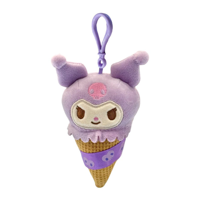 An officially licensed Sanrio Kuromi plush keychain shaped like an ice cream cone with a purple scoop and a textured brown waffle cone. The plush has a matching purple plastic clip attached to the top.