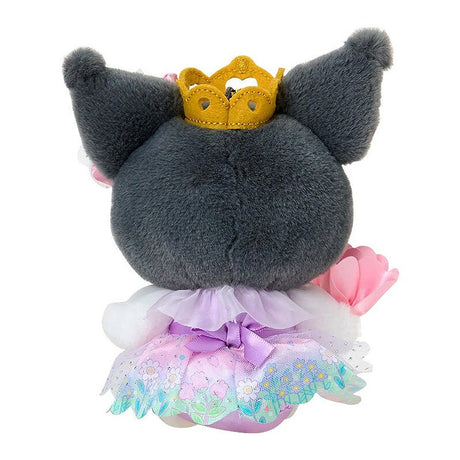 A plush keychain of the Sanrio character Kuromi dressed as a princess. She has grey fur, a pink skull on her forehead, and wears a golden crown. Her outfit includes a purple satin dress with a floral organza overlay and a rainbow-gradient bow with a purple flower. She is holding a pink flower and is attached to a silver lobster clasp.