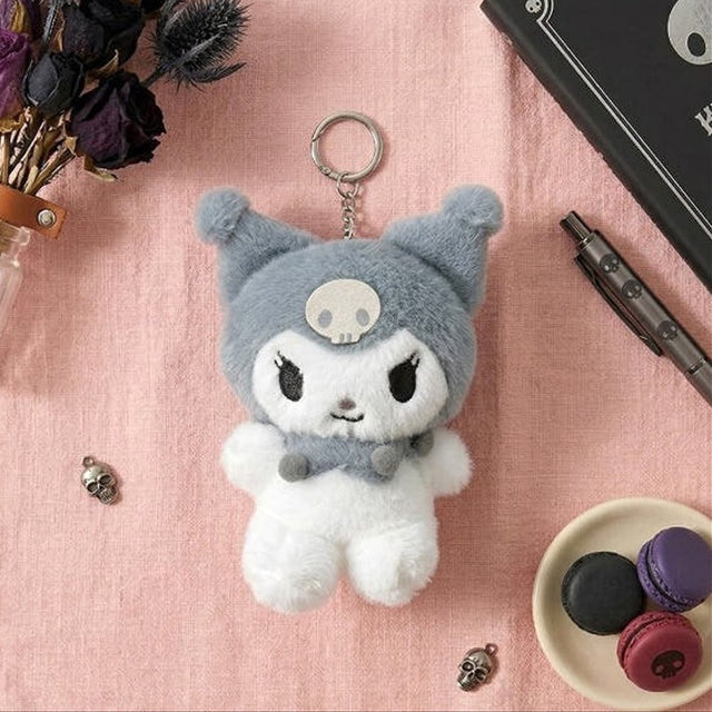 An officially licensed Sanrio fluffy monochromatic tone of grey and white Kuromi plush keychain with a silver metal keychain