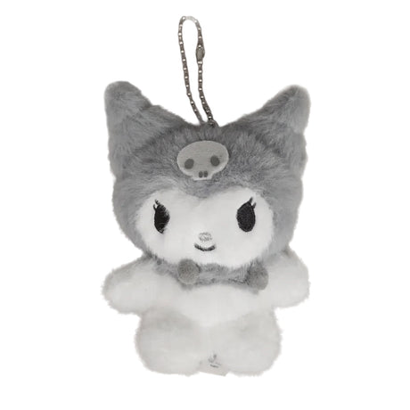 An officially licensed Sanrio character, Kuromi is showcased in her signature jester hat—rendered in a plush grey—complete with her iconic skull emblem and fuzzy pom-pom accents. Her neutral tones and "dark kawaii" aesthetic make her the perfect addition to a modern bedroom, a curated shelf, or a monochromatic desk setup.