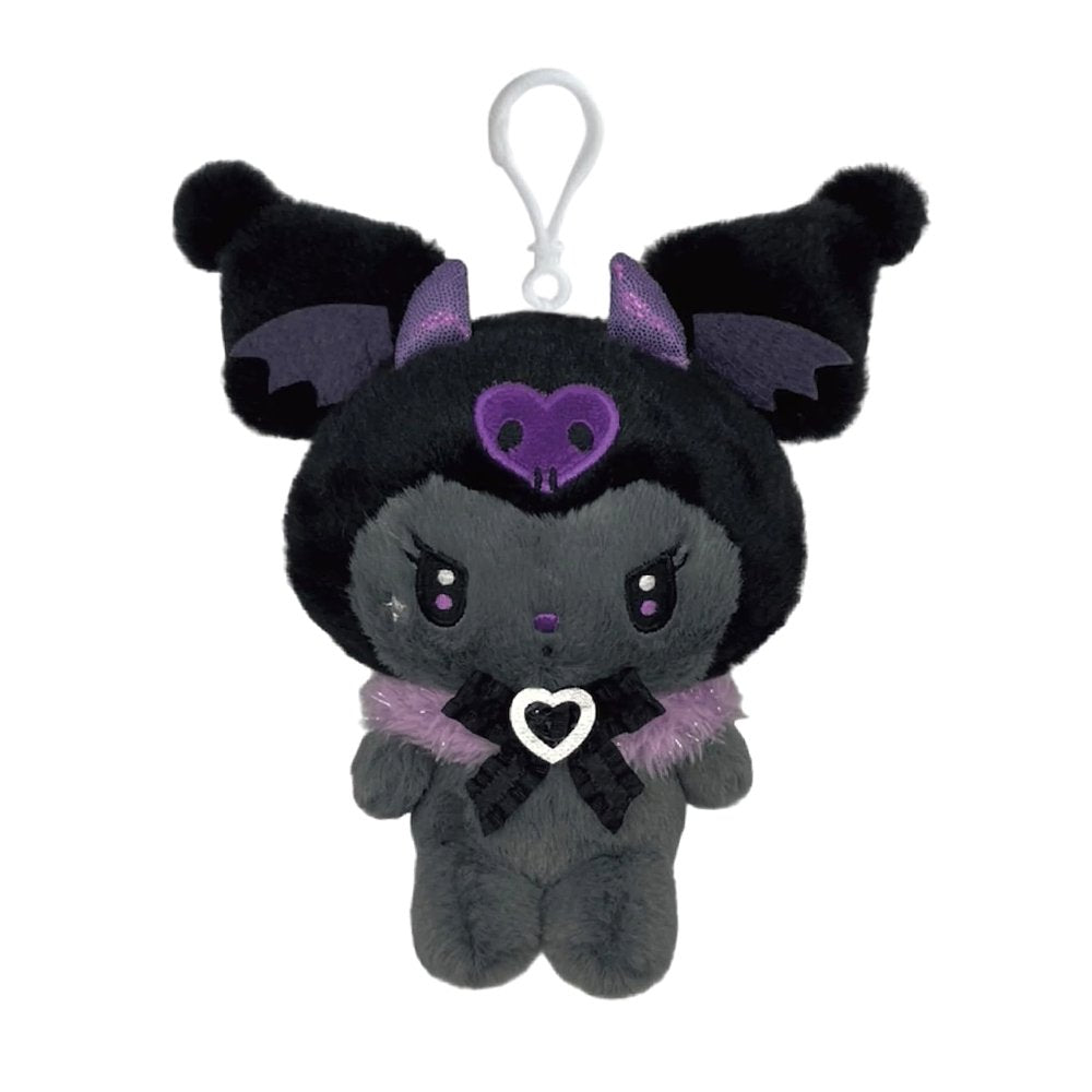 An officially licensed Kuromi plush keychain dressed in a black gothic outfit with purple bat wings and horns. She wears a fuzzy purple collar and a black lace bow, with a white plastic clip attached to her head.