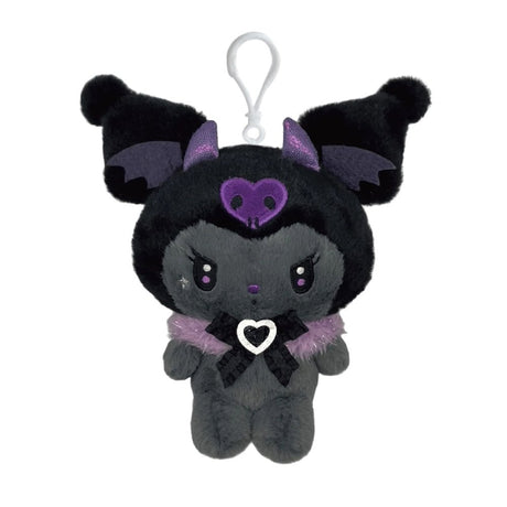 An officially licensed Kuromi plush keychain dressed in a black gothic outfit with purple bat wings and horns. She wears a fuzzy purple collar and a black lace bow, with a white plastic clip attached to her head.